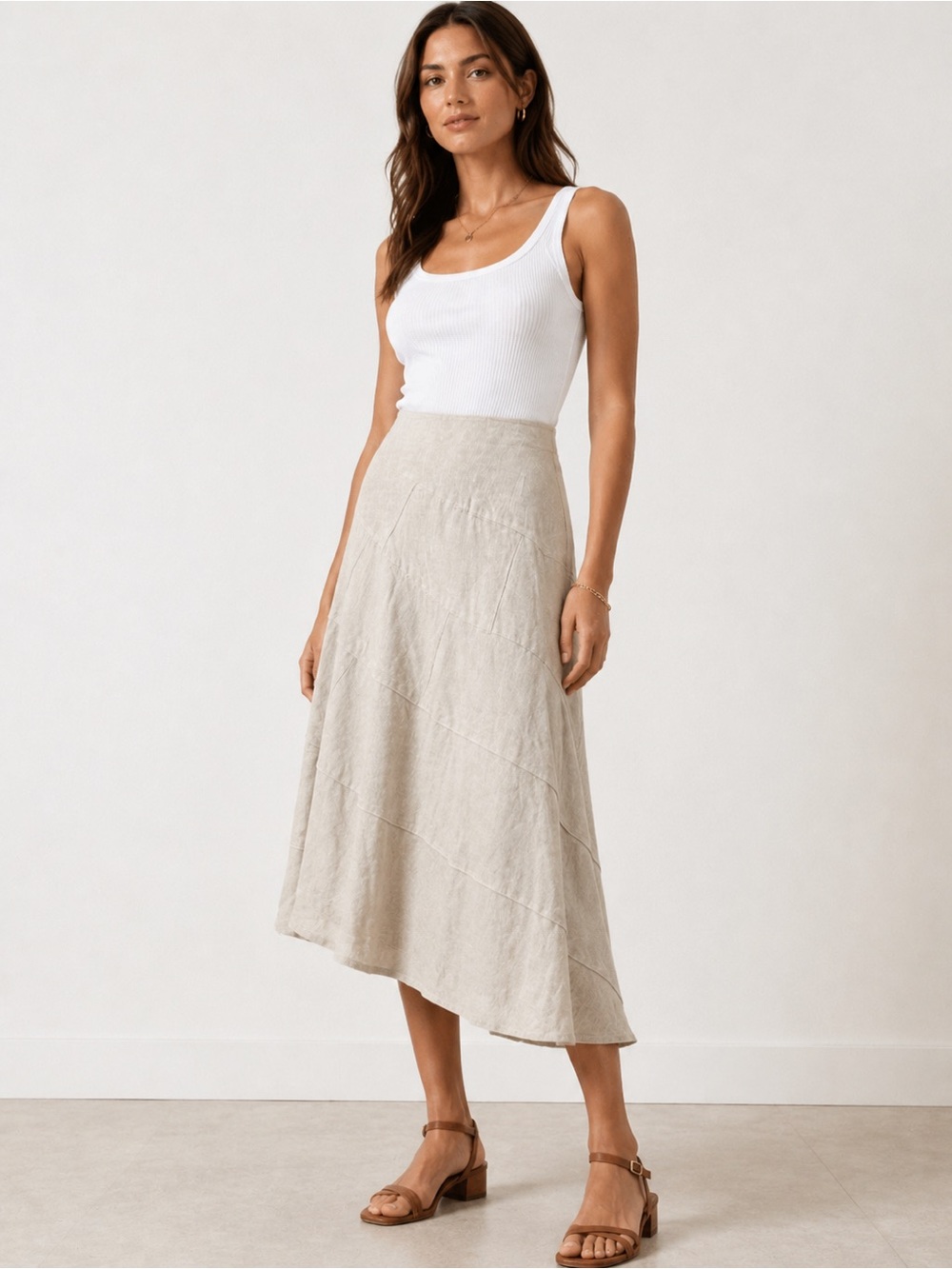 Sandro Sportswear Linen Asymmetrical Tiered A-line Midi Full Skirt Size 12 Tan